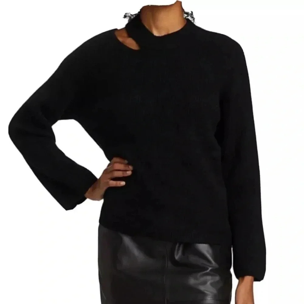 Rails Shoulder Cutout Sweater Womens Large Black Ribbed Knit Pullover Alexi NWT